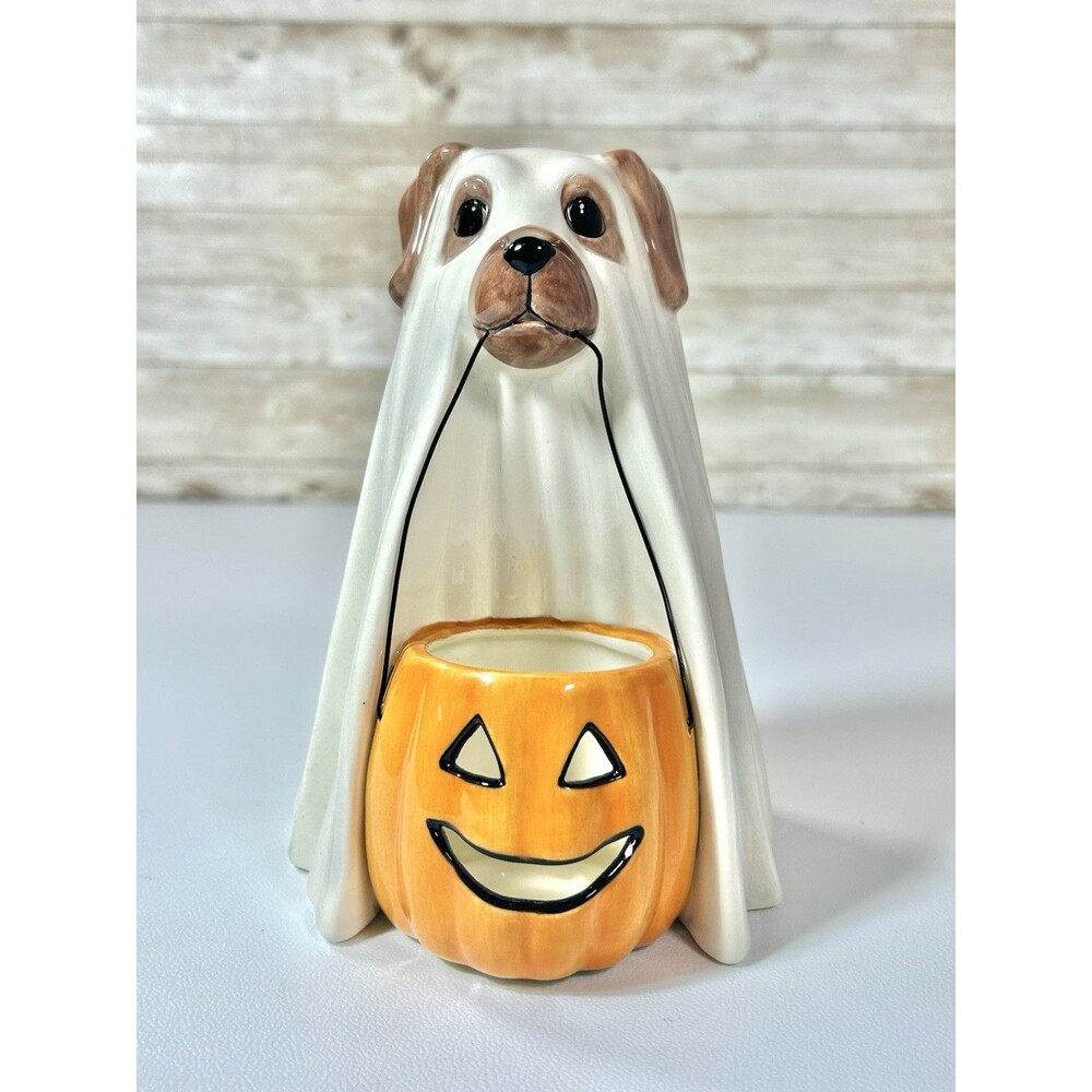 Cosmos Gifts Ghost Dog Holding Pumpkin Tealight Holder Cute Halloween